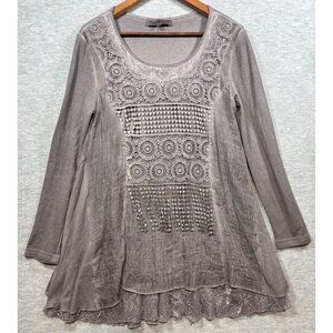 Pretty Angel Gray Tunic Top With Crochet Lace Button Back  Boho S Linen